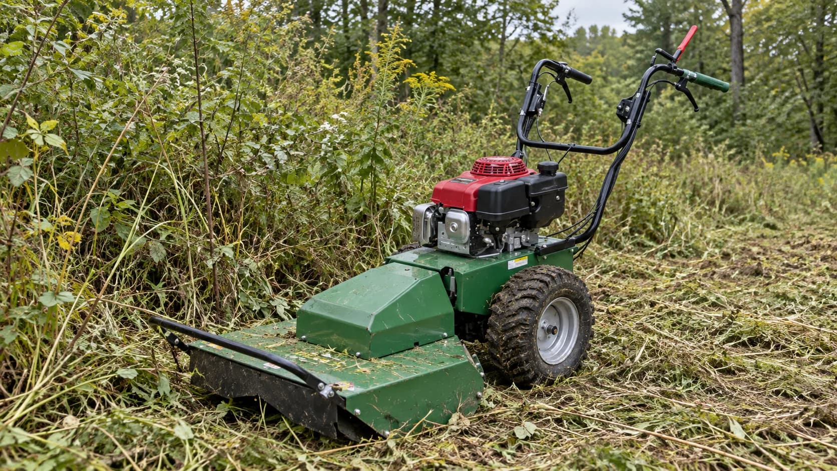 A walk-behind brush mower beside tall vegetation on a cleared woodland path